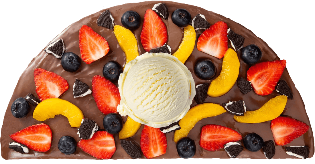 Crêpe abierto con Nutella, fresa, durazno, arándanos, Oreo y helado