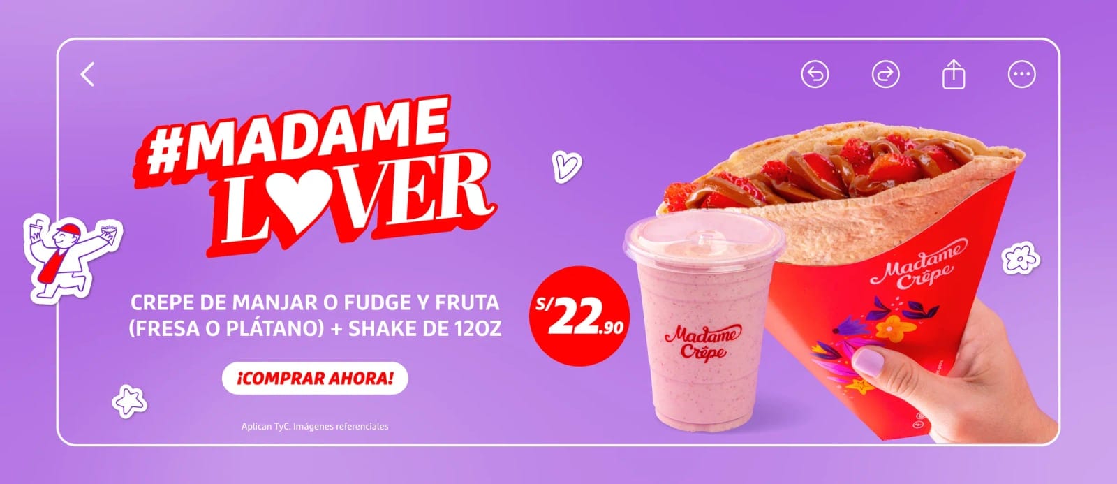 Promo #MadameLover: crêpe de manjar o fudge con fruta y shake de 12 oz a S/ 22.90